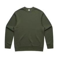 A green sweater with a crew neck and long sleeves, featuring a logo on the neckline.