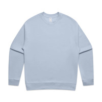 A light blue sweater featuring a round neckline and long sleeves, with a small logo on the label.