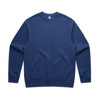 A navy blue sweater with long sleeves and a crew neckline, featuring a logo on the inside tag.