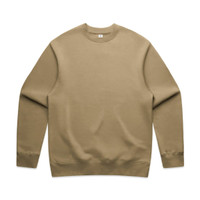 A beige sweater with a rounded neckline and long sleeves. The sweater has a logo on it.