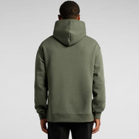 A green hoodie with a large hood, featuring a simple design and a relaxed fit, shown from the back.
