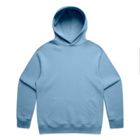 A light blue hoodie featuring a front pocket and a hood. The product includes a logo.