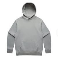 A grey hoodie with a front pocket and a hood, featuring a logo on one side.