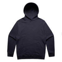 A navy blue hoodie featuring a large front pocket and a hood. The garment has a simple design and includes a logo.