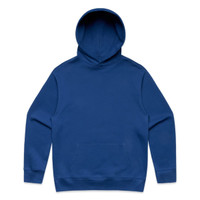 A blue hoodie featuring a front pocket and a classic hood design, with a logo on the chest.