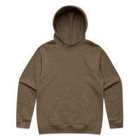 A brown hoodie featuring a front pocket and a drawstring hood. It has a logo on the front.