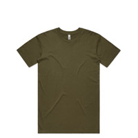 An olive green t-shirt featuring a classic crew neck design and short sleeves, with a small logo on the label.