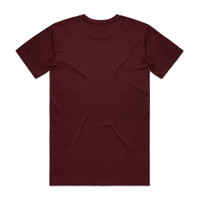 A maroon T-shirt with a plain back and a logo on the neck area. Ideal for casual wear.