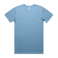 A light blue basic t-shirt with short sleeves, featuring a neck tag and a logo.