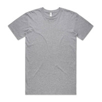 A grey basic t-shirt with a round neckline and short sleeves, featuring a logo near the collar.