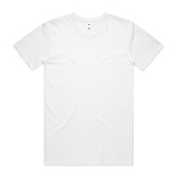 A plain white t-shirt with a round neckline and short sleeves, featuring a logo in the neckline.