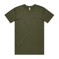 A plain olive green T-shirt with short sleeves, featuring a standard crew neck and a logo on the inside label.