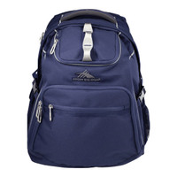 A navy blue backpack with multiple zippered pockets, a mesh side pocket, and a logo on the front.