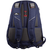 A navy blue backpack with padded mesh straps and a logo, designed for comfort and airflow.