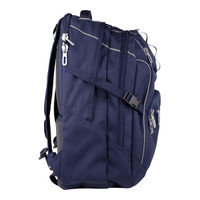 A navy backpack with multiple compartments, zippers, and adjustable straps. It features a logo on the side.