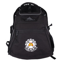 A black backpack featuring multiple compartments, adjustable straps, and a logo on the front.