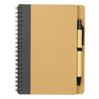 A brown notebook with a dark grey stripe and a black ballpoint pen attached. It features a spiral binding.