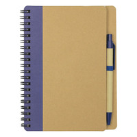 A brown notebook with a blue section on the cover and a blue ballpoint pen attached. Features a spiral binding and a logo.