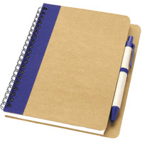 A brown spiral notebook with a blue section and a matching blue ballpoint pen. The notebook is partially open.