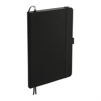 A black notebook with a ribbon closure, featuring a logo and a sleek, minimalist design.