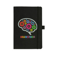 A black journal with a brain graphic featuring colourful gears and a logo, secured with an elastic band.