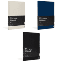 A set of three Karst A5 Stone Paper Hardcover Notebooks in cream, navy blue, and black, featuring a branding label.