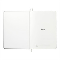 An open A5 hardcover notebook with a plain white interior and a logo on the first page. Features a black cover.