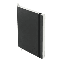 A softcover A5 notebook in black with a white ribbon bookmark and an elastic band closure. It has a logo on the cover.