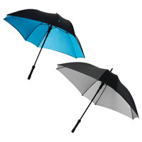Two square automatic umbrellas, one with a black exterior and turquoise interior, and one with a black exterior and grey interior.