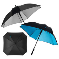 A square automatic umbrella featuring a black exterior and a vibrant blue interior, with a handle and a logo.