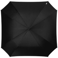 A square automatic umbrella in solid black, featuring a central button mechanism and a subtle logo.