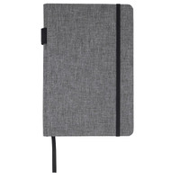 A grey A5 notebook with a textured cover, elastic band closure, and ribbon bookmark. It features a logo.