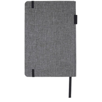 A grey A5 RPET notebook with a textured cover, black elastic closure, and ribbon bookmark. It features a logo.