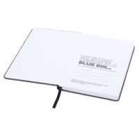 A grey A5 RPET notebook with blank pages and a ribbon bookmark, featuring a logo on the cover.