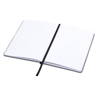 A grey A5 notebook with lined pages and a black elastic band closure, featuring a simple design.