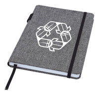 A grey A5 notebook with a black elastic band, featuring a logo on the cover.