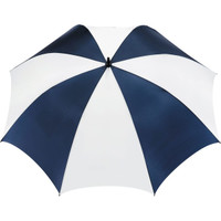 A golf umbrella featuring a navy blue and white striped design, with a sturdy construction and a brand logo.