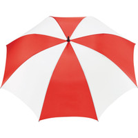 A red and white striped golf umbrella with a central black handle and a branding logo.