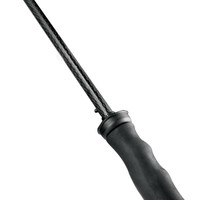 A close-up of a golf umbrella handle with a textured black grip and a sleek shaft. The umbrella has a logo on the handle.