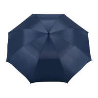 A navy blue vented golf umbrella with a sturdy structure and a central opening mechanism. It features a logo.