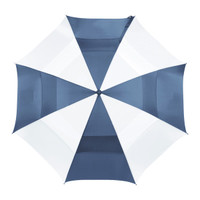 A vented golf umbrella featuring a navy and white design with a signature logo.