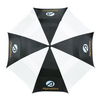 A vented golf umbrella featuring black and white panels and a logo.