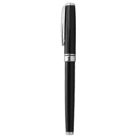 A black rollerball pen with a sleek metal design and silver accents, featuring a branding logo.