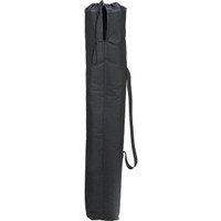 A black carrying bag for an oversized folding chair with a zipper and a shoulder strap. It has a logo.