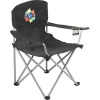 An oversized folding chair in black with a logo on the back and cup holders on each armrest.