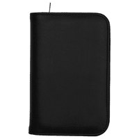 A black recycled travel wallet with RFID blocking features and a zip closure. It includes a logo on the front.