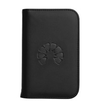 A black recycled travel wallet with RFID blocking feature and an embossed logo on the front.