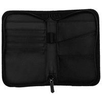 A black recycled travel wallet featuring multiple card slots and a secure zip closure. It includes RFID blocking technology.