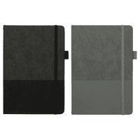 A5 thermo notebook with a recycled paper cover, featuring a black and grey design, and an elastic band closure.