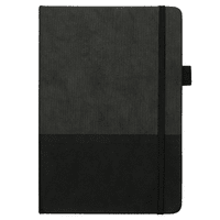 A5 thermo notebook in black with a textured cover and black elastic band closure, featuring a logo.
